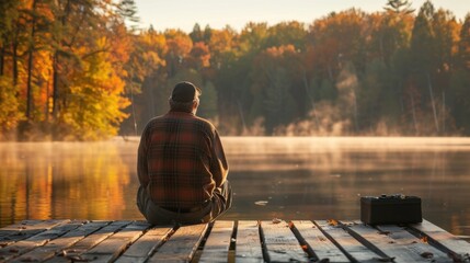 Dockside Serenity: As the sun rises, a fisherman in a weathered cap and flannel shirt casts his line from the dock, waiting patiently in the tranquil morning light.
