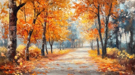 Obraz premium Oil Painting of a Path Through an Autumn Forest
