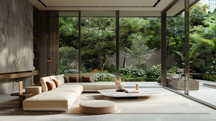 Living room with towering windows overlooking a green cityscape