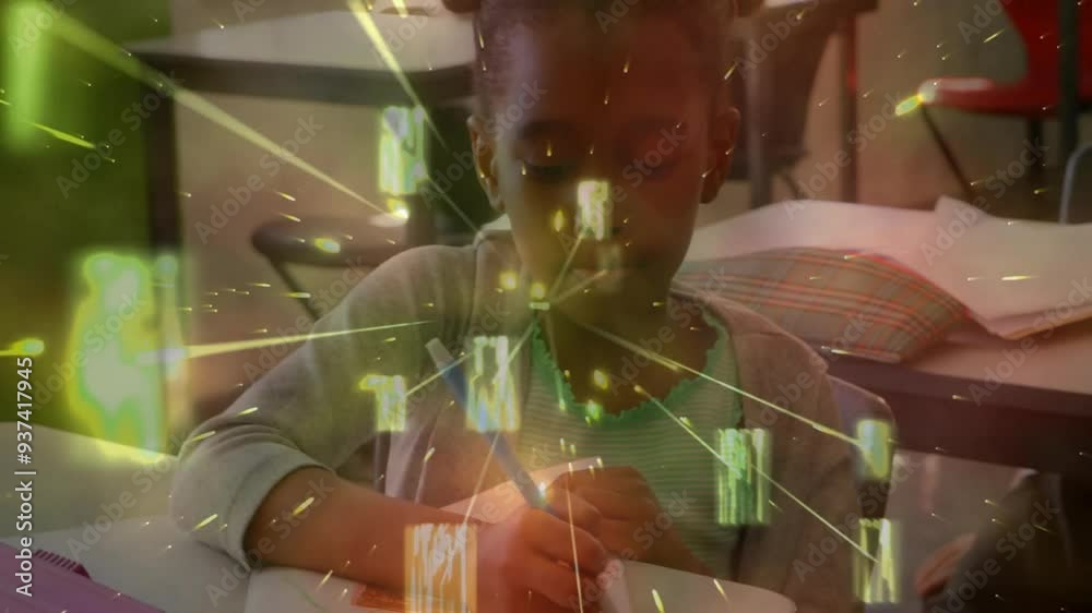 Poster writing in notebook, child in classroom with data processing animation over