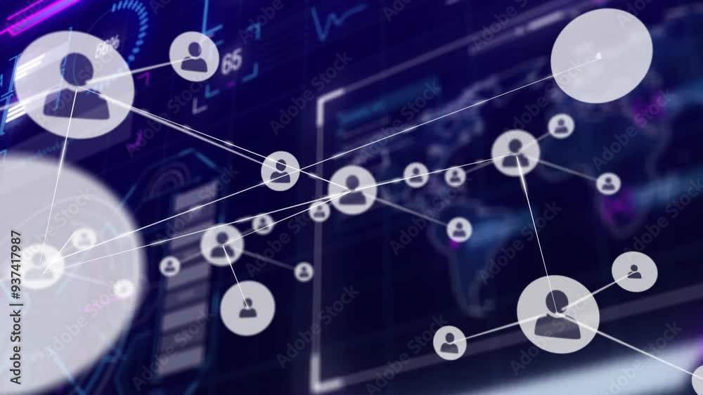 Poster digital interface background with network connections and data processing animation