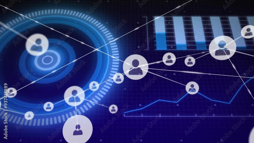 Poster animating network connections and data processing over digital interface with graphs