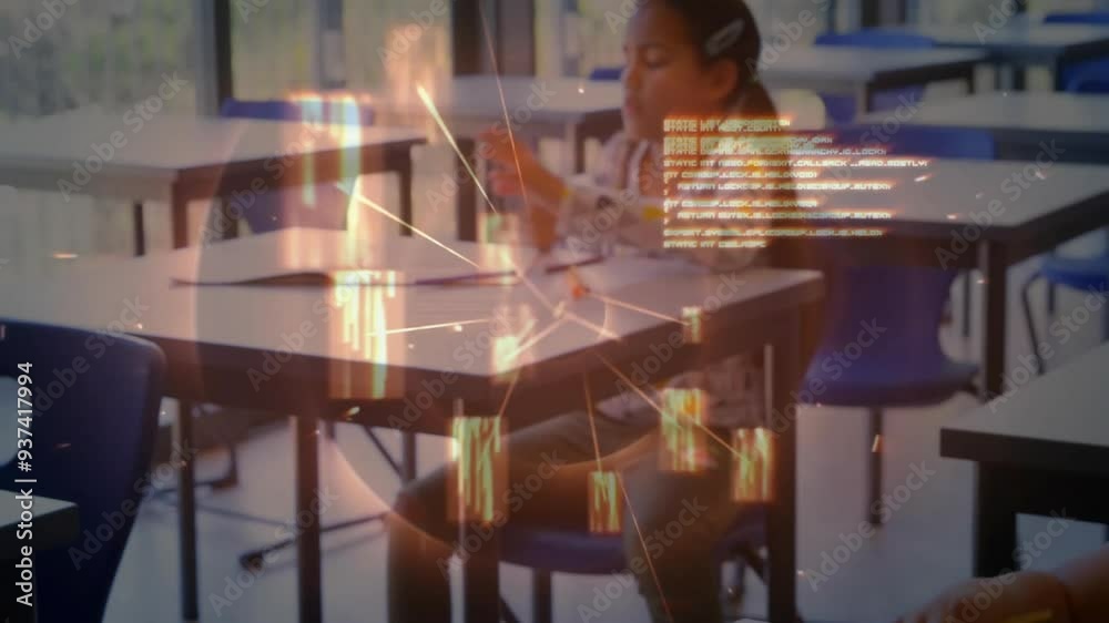 Poster student writing at desk with data processing animation over classroom background