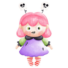 Whimsical doll with pink hair and skull accessories, perfect for Halloween-themed designs and decorations.
