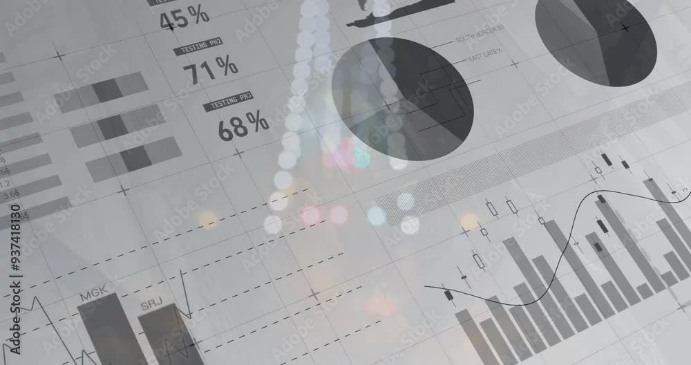 Poster graphs and charts with percentages and data points animation over blurred lights