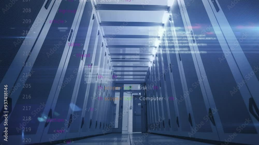 Poster computer code and cybersecurity terms animation over data center server racks