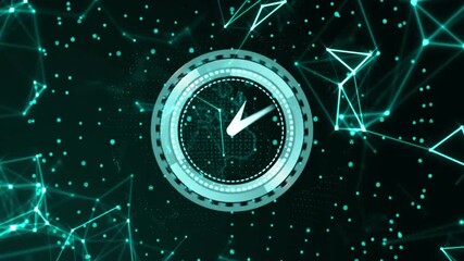 Clock animation overlaying digital network connections and data points - Powered by Adobe