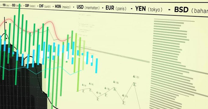 Financial data and currency exchange rates animation over bar and line graphs