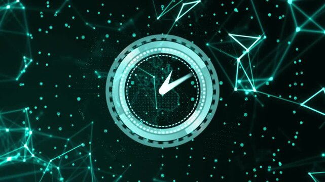 Clock animation overlaying digital network connections and data points