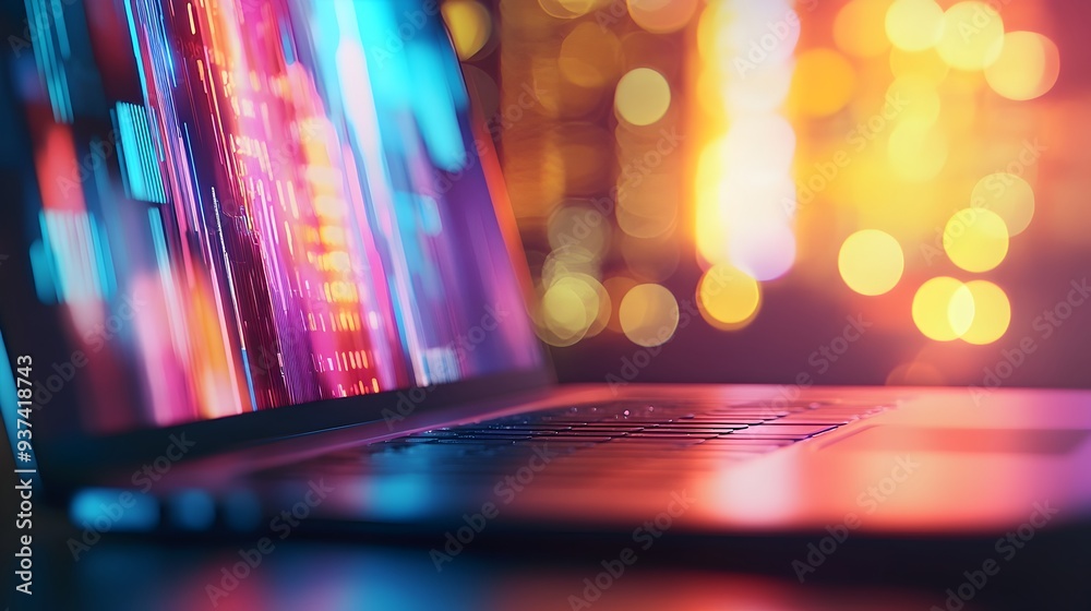 Poster laptop displaying a digital prototype on the screen with a blurred background for copyspace symboliz