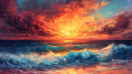 Retro-inspired seaside sunset scene, bold strokes of warm colors, crashing waves on a sandy beach, reminiscent of vintage oil paintings, intense atmosphere
