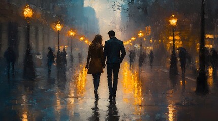 A romantic couple walking hand in hand through a rainy city street, light reflecting off wet pavement, oil painting style, soft brushstrokes, glowing streetlights, warm tones