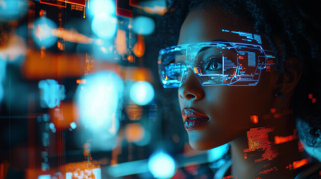  AI cyber security threat, female african american IT specialist analysing futuristic holographic data information. blue & orange colour, sugmented reality artificial intelligence concept banner