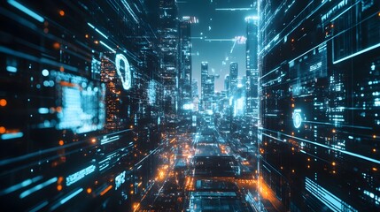 A visionary depiction of a futuristic cityscape where towering skyscrapers are adorned with holographic displays