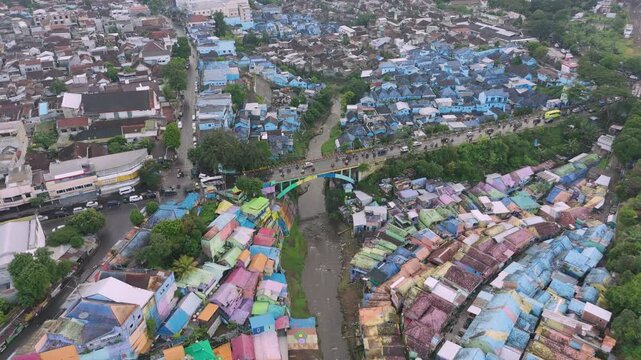 Aerial establishing shot of the beautiful Rainbow Village in Malang, Indonesia