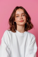 Obraz premium A Brunette Woman In A White Pullover, Isolated Against A Pink Background