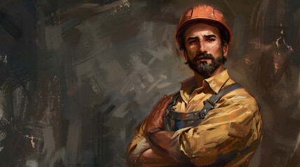Fototapeta premium A man, a worker, a builder by profession, in a uniform and a helmet. AI Generated