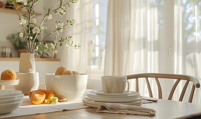Fototapeta premium Scandinavian breakfast nook and dinner set. 