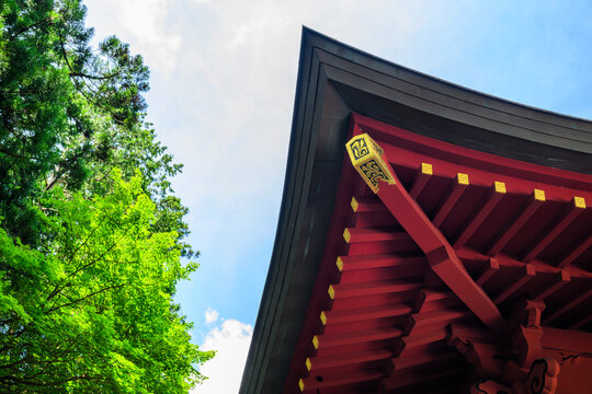 Temple roof and green leaves at Fuji Sengen Shrine, Yamanashi, Japan