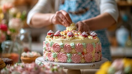 Baker Decorating Cake: Inside a bakery, a baker adorned in an apron carefully decorates a cake with delicate frosting patterns, their attention devoted to creating a beautiful treat.
