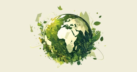 Green Earth Set Against Light Grey Background, Symbolizing Environmental Protection and Sustainable Development in Minimalist Style
