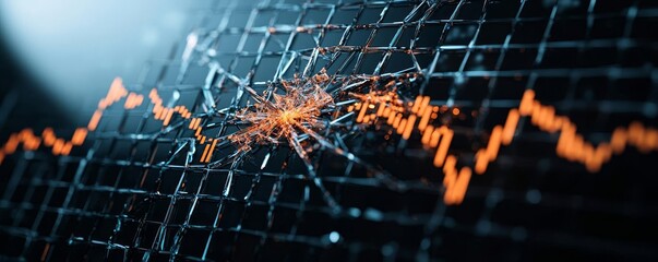 Abstract shattered glass with stock market symbols, reflecting the chaos of a market crash
