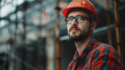 A man, a worker, a builder by profession, in a uniform and a helmet. AI Generated