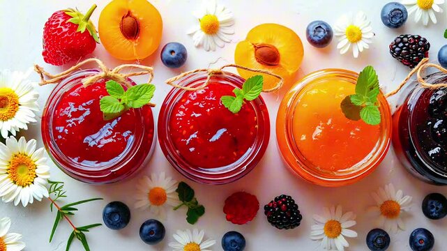 Homemade assortment of berries and fruits jams in jars. Summer harvest in sweet preserves or jams.