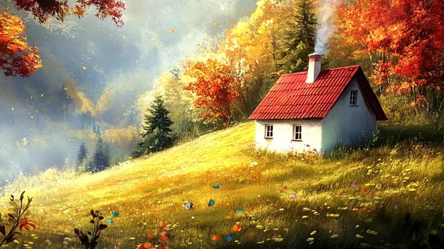A cozy cottage with a red roof nestled in a serene autumn landscape, surrounded by lush trees and peaceful meadows., Seamless looping 4k time-lapse animation video background