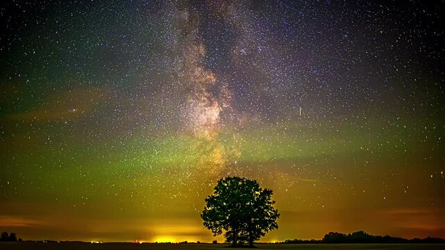 Milky Way, aurora borealis or norther lights, meteor shower, and light trails from airplanes and satellites over a tree in silhouette - time lapse