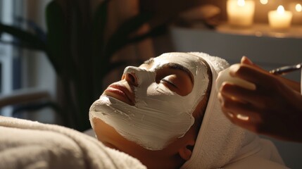 Serene spa experience  client indulging in rejuvenating facial treatment under gentle ambient light