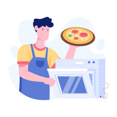 Chef putting pizza inside baking oven, flat illustration 