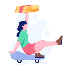 Character based flat illustration of food delivery on a skateboard 