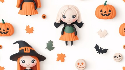 Cute Halloween Pattern: Adorable witches, pumpkins, and spooky elements create a playful and festive seamless design. 