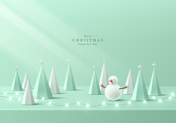 3D green podium background with Christmas tree, Snowman, Lightbulb. Abstract composition minimalist design. 3D Studio display showroom cosmetic product pedestal, Fashion stage showcase mockup scene
