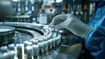 Gloved Hand Placing a Vial on a Conveyor Belt in a Pharmaceutical Factory