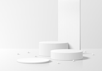 3D white round podium set background with ball beads and partition. Abstract geometric composition in minimalist design. Studio display showroom product pedestal, Fashion stage showcase mockup scene.