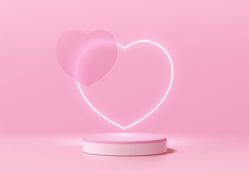 Valentine 3D pink podium background with glow neon heart shape backdrop. Abstract composition minimalist design. Studio display showroom cosmetic product pedestal, Fashion stage showcase mockup scene.