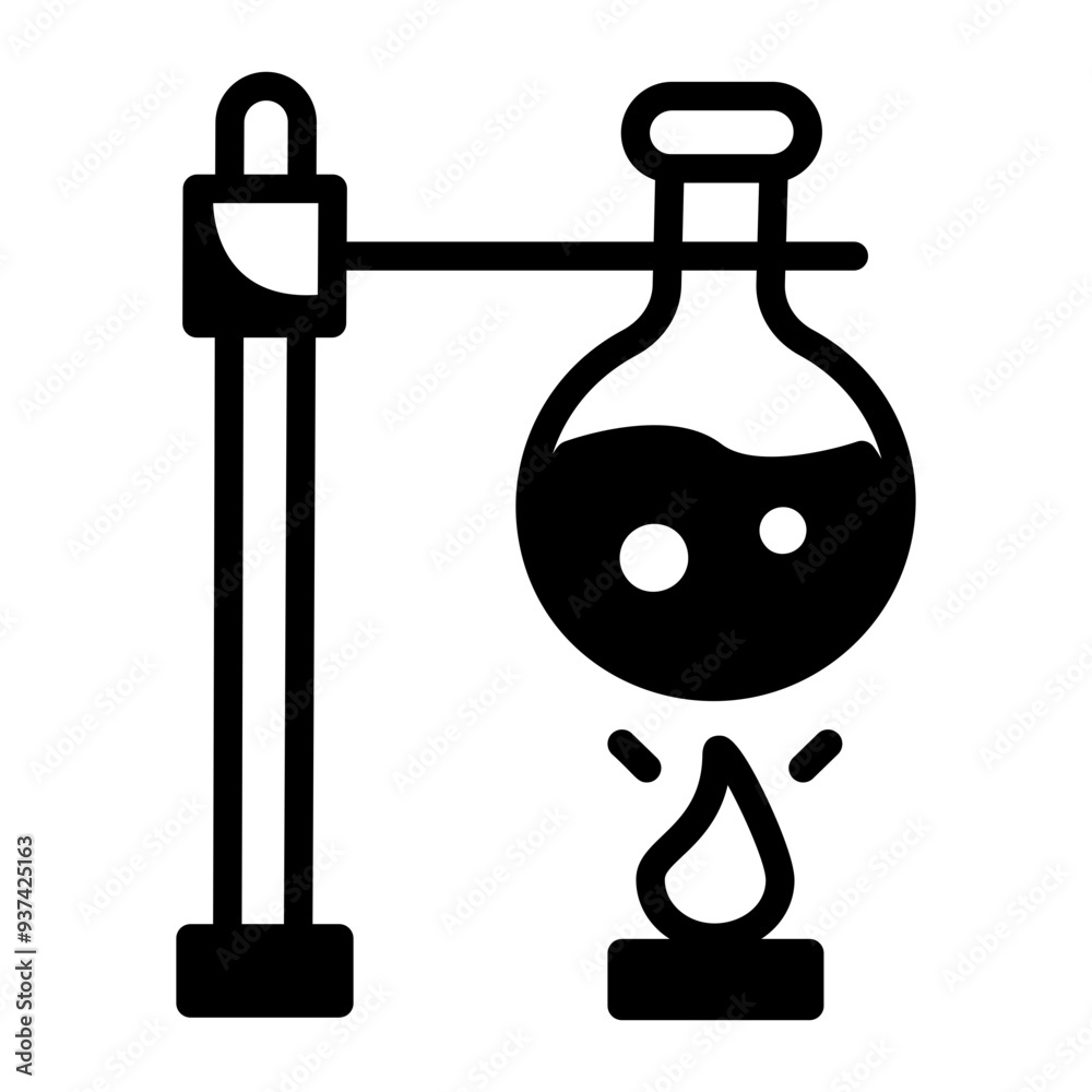 Poster hand drawn icon of retort stand with chemical flask