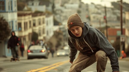 Obraz premium Urban Skateboarding: Teenage boy in a hoodie and beanie skateboards down a city street, expertly performing tricks and weaving through pedestrians, his face showing thrill and focus. 