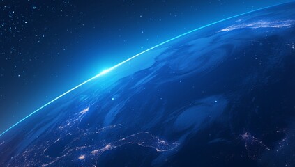  Earth Glowing in Blue Light with Sun Rays and Stars on Black Space Background