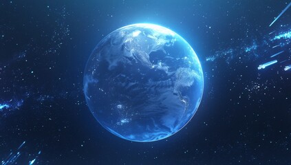 Obraz premium Earth Glowing in Blue Light with Sun Rays and Stars on Black Space Background
