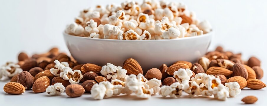 Popcorn and Almonds in a White Bowl Photo