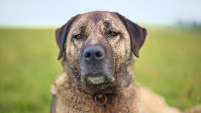 A loyal farm dog rests on a grassy hillside, exuding calm and wisdom in a tranquil rural setting. 8k