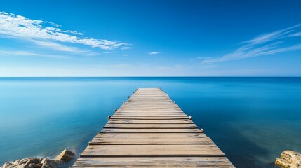 Fototapeta premium Serene Wooden Pier Extending Into Tranquil Blue Sea