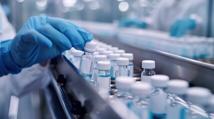 Fototapeta premium Gloved Hand Placing Vial on Conveyor Belt in Sterile Pharmaceutical Factory