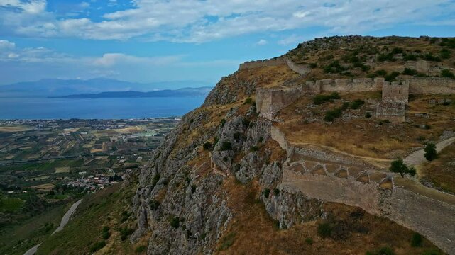 Drone view of architecture of Acrocorinth Castle during daytime in Greece.