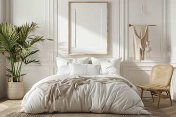 Blank Mockup poster frame in unique bedroom Scandinavian, 3d render