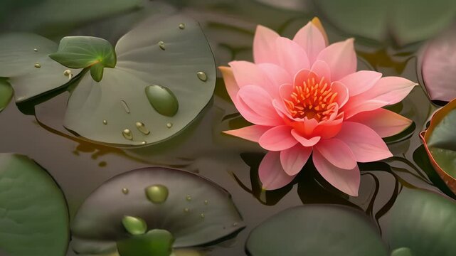 Beautiful pink water lily or lotus flower with leaves in a pond. Water lily is peacefully floating on the surface of a pond	