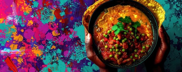 Ethiopian injera with colorful stew, Pop Art, Vibrant, Illustration, Highlighting cultural cuisine and richness